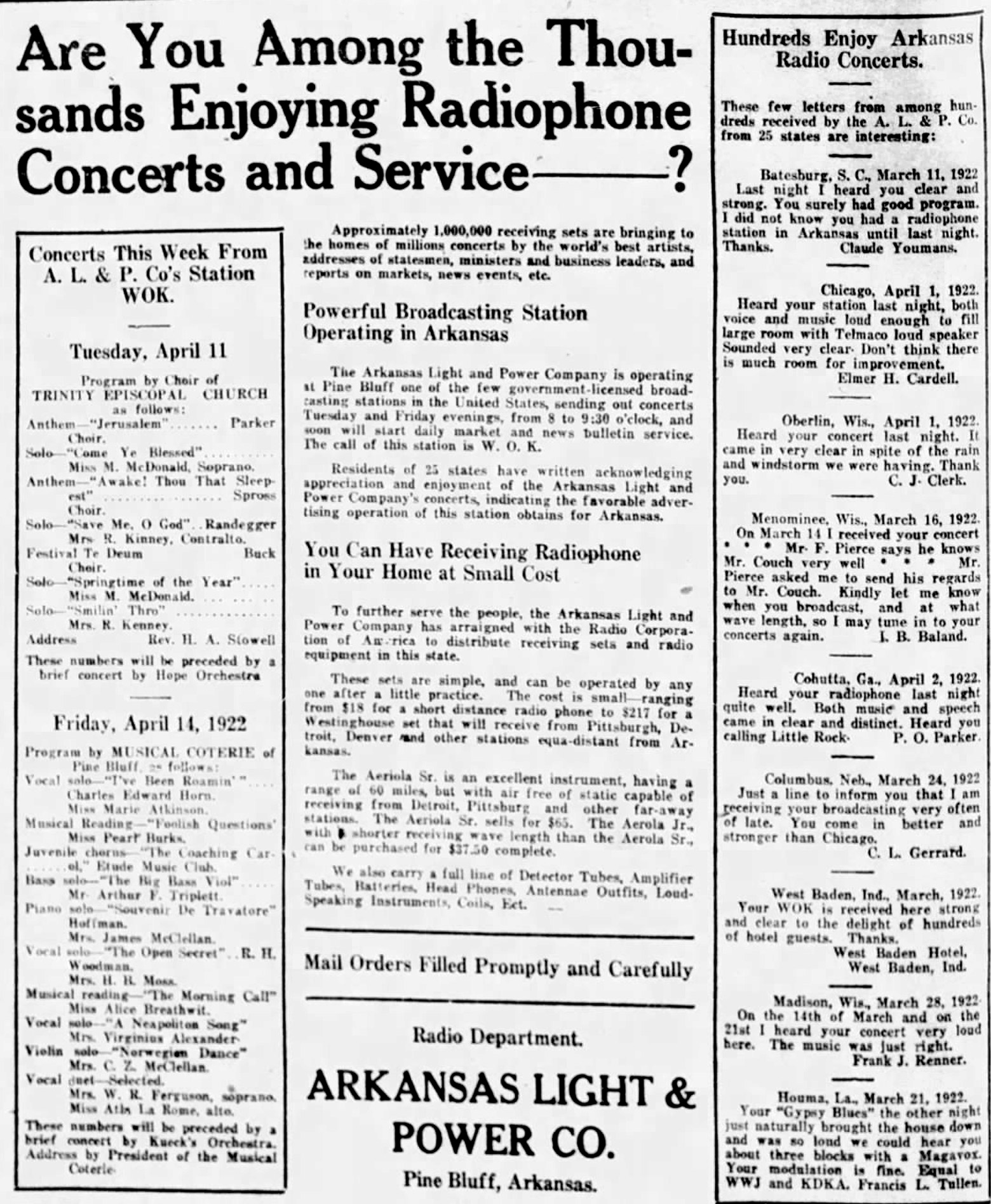 "Are you among the thousands enjoying radiophone concerts and service?" newspaper clipping