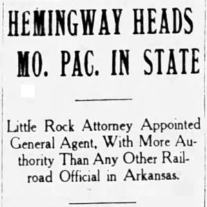 "Hemingway heads Missouri Pacific in State" newspaper clipping