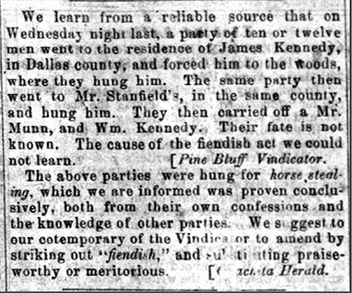 "We learn from a reliable source that on Wednesday night last a party of ten or twelve men went to the residence of James Kennedy..." newspaper clipping