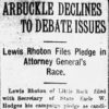 "Arbuckle declines to debate issues" newspaper clipping