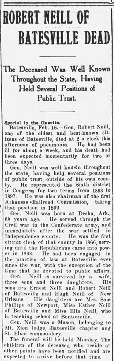 "Robert Neill of Batesville dead" newspaper clipping