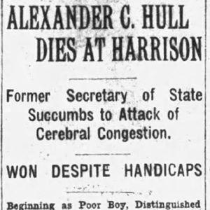 "Alexander C. Hull dies at Harrison" newspaper clipping
