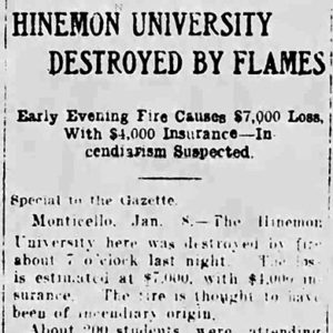 "Hinemon University destroyed by flames" newspaper clipping