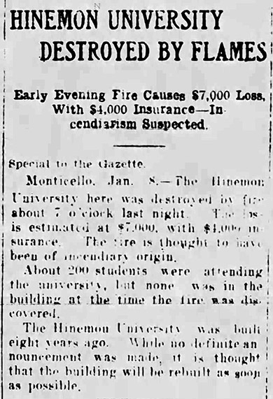 "Hinemon University destroyed by flames" newspaper clipping