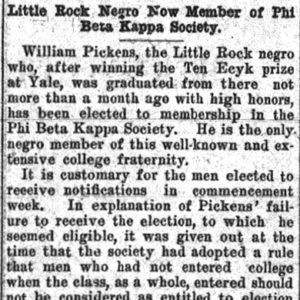 "Little Rock Negro now member of Phi Beta Kappa Society" newspaper clipping