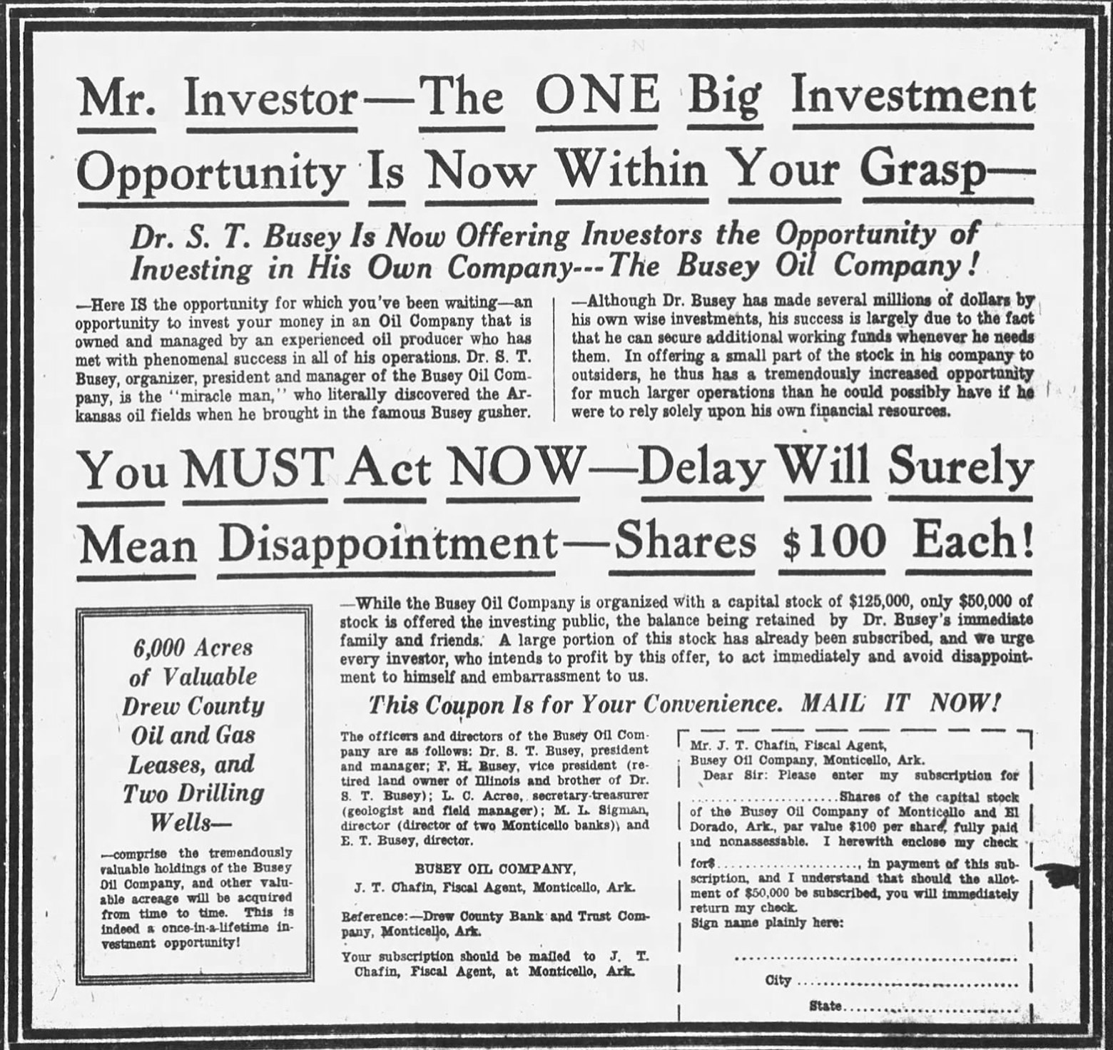 "Mister investor the one big investment opportunity is now within your grasp" newspaper clipping