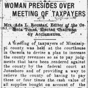 "Woman presides over meeting of taxpayers" newspaper clipping