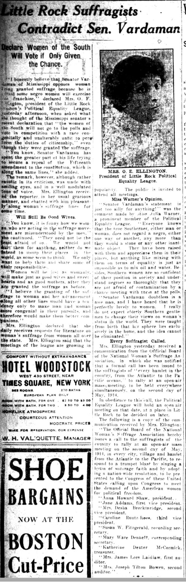 "Little Rock suffragists contradict Senator Vardaman" newspaper clipping
