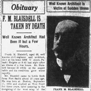 "F. M. Blaisdell is taken by death" newspaper clipping