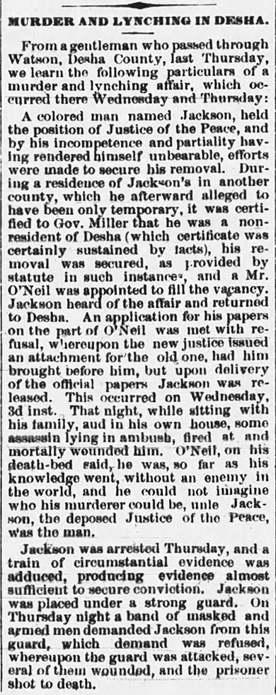"Murder and Lynching in Desha" newspaper clipping
