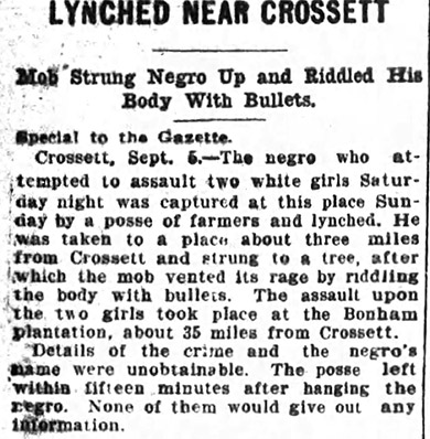 "Lynched Near Crossett" newspaper clipping