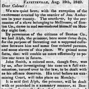 "Dear Colonel" letter in newspaper on August 19, 1849