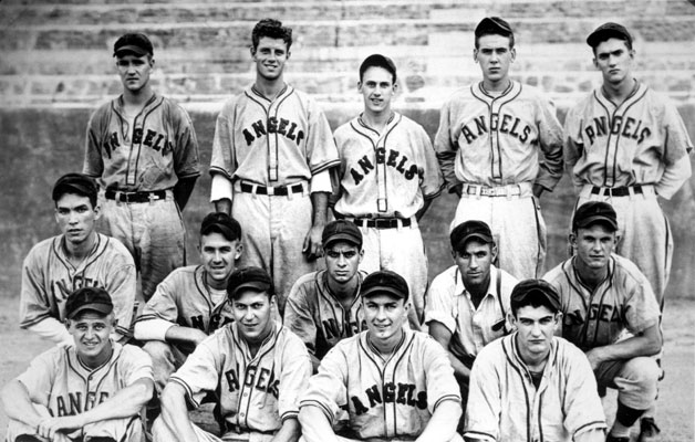 Group of young white men in "Angels" baseball uniforms