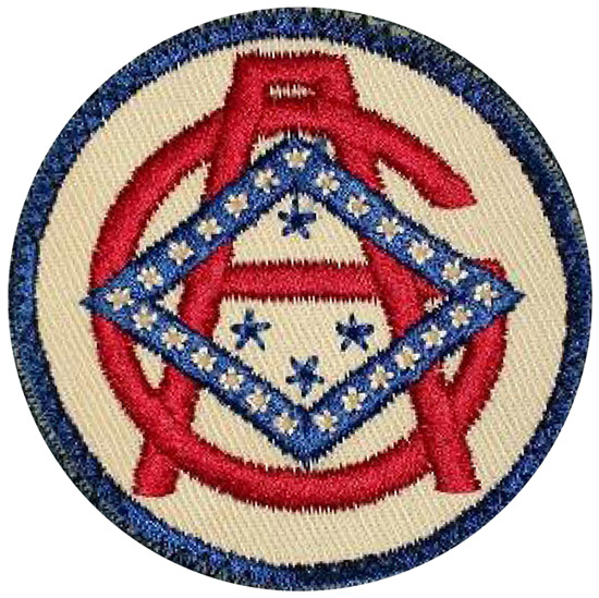 Round patch with Arkansas State Guard logo comprised of an A and a G superimposed upon the diamond center of the Arkansas State Flag surrounded by a circle of blue