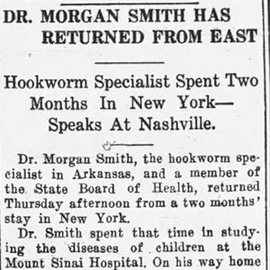 "Dr. Morgan Smith has returned from East" newspaper clipping