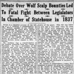 "Debate over wolf scalp bounties led to fatal fight" newspaper clipping