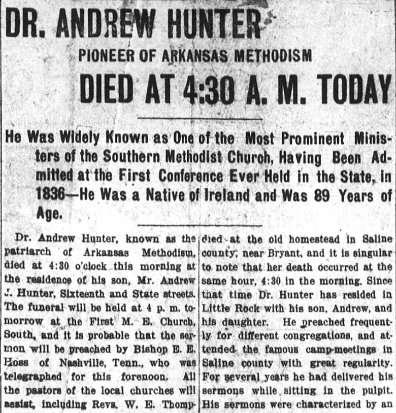 "Dr. Andrew Hunter Died at 4:30 a.m. today" newspaper clipping