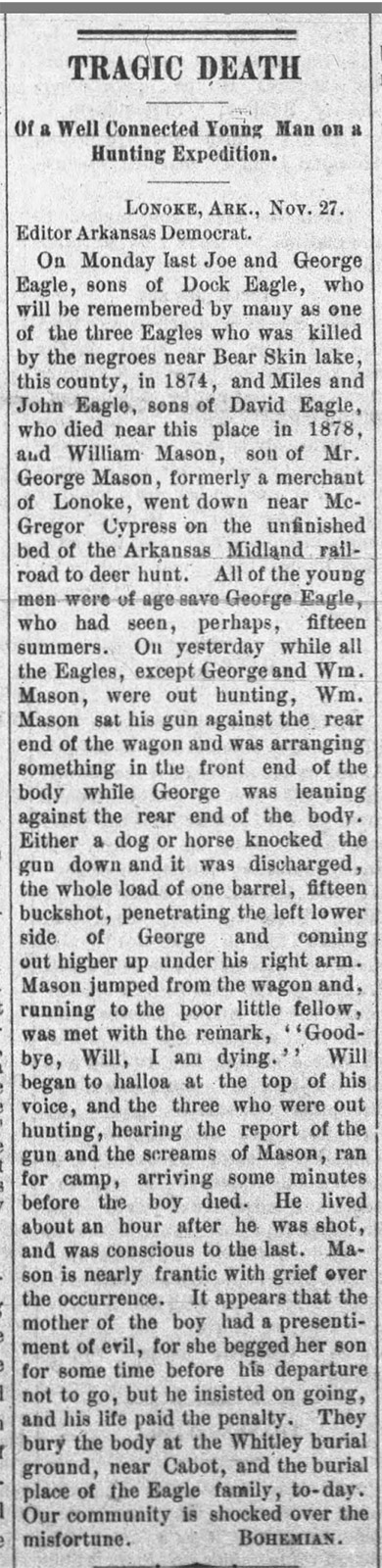 "Tragic death of a well connected young man on a Hunting Expedition" newspaper clipping
