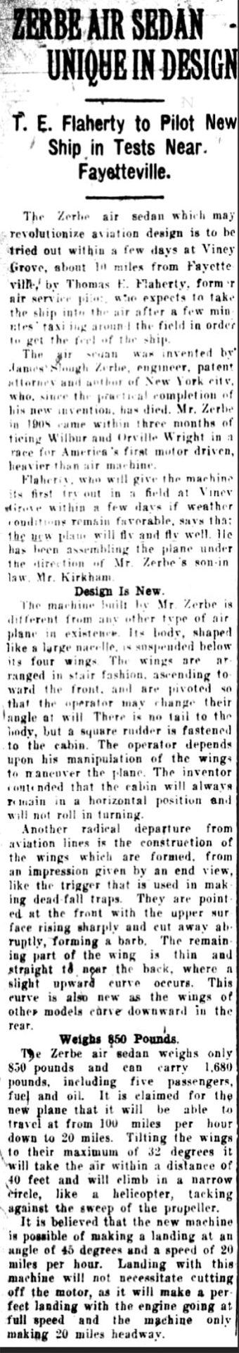"Zerbe Air Sedan Unique in Design" newspaper clipping