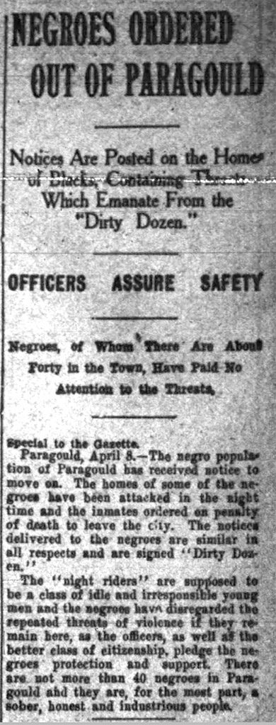 "Negroes ordered out of Paragould" newspaper clipping