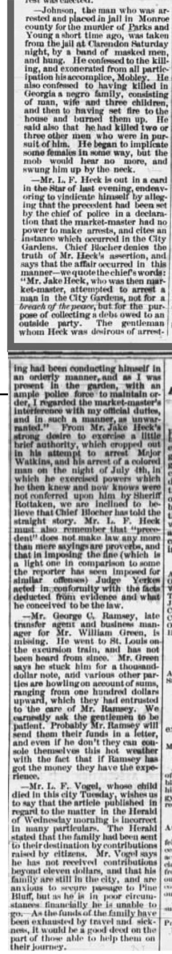 "Johnson the man who was arrested and placed in jail in Monroe county for the murder of Parks and Young a short time ago" newspaper clipping
