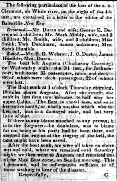 "The following particulars of the loss of the s. b. Clermont on White River on the night of the 4th" newspaper clipping