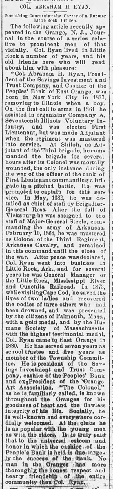 "Colonel Abraham H. Ryan" newspaper clipping