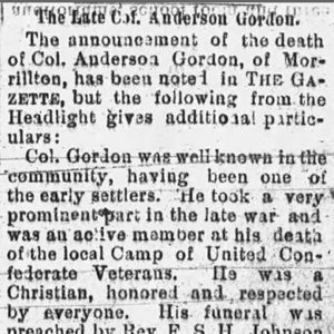 "The Late Colonel Anderson Gordon" newspaper clipping