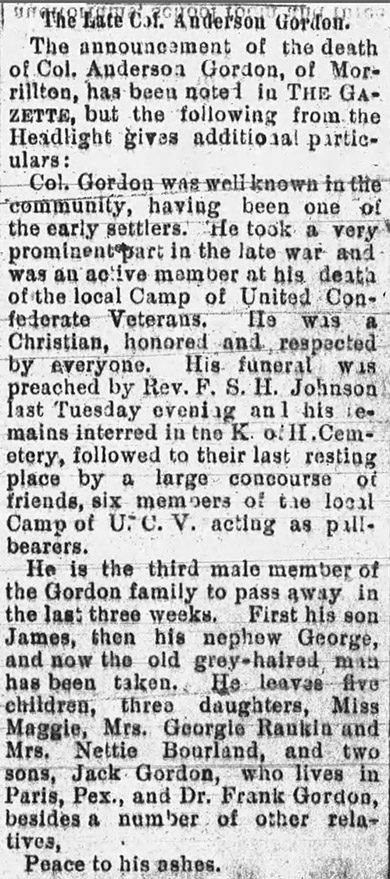 "The Late Colonel Anderson Gordon" newspaper clipping