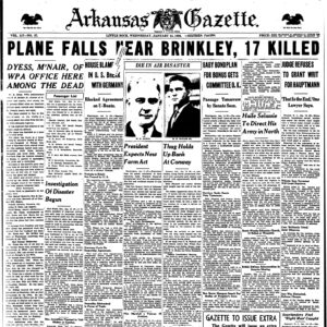"Plane falls near Brinkley 17 killed" on front page of newspaper