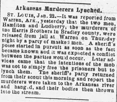 "Arkansas Murderers Lynched" newspaper clipping