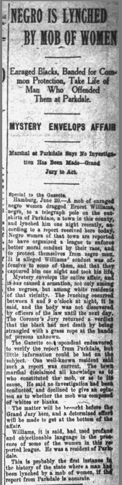 "Negro is lynched by mob of women" newspaper clipping