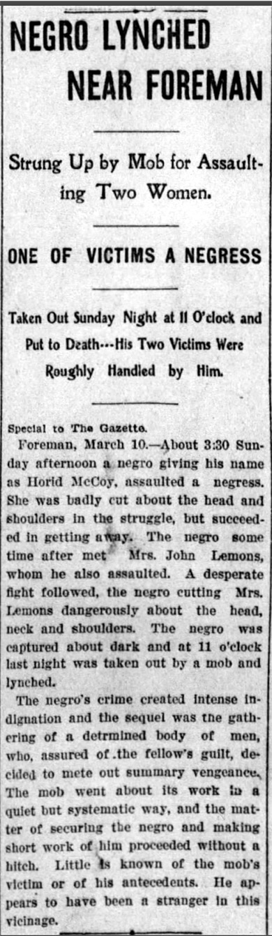 "Negro lynched near Foreman" newspaper clipping