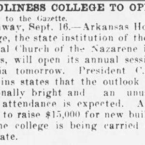 "Holiness College to Open" newspaper clipping