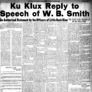 "Ku Klux reply to speech of W. B. Smith" newspaper clipping