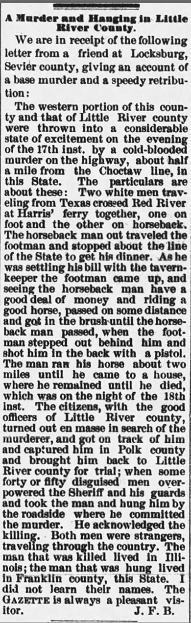 "A Murder and Hanging in Little River County" newspaper clipping