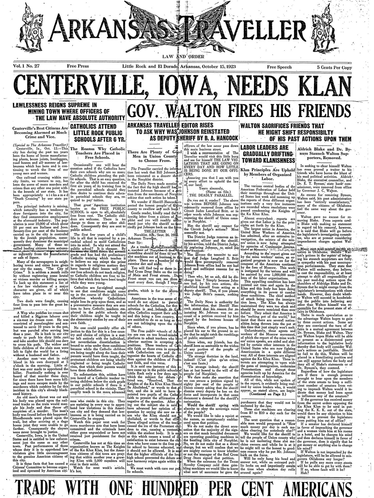 "Centerville Iowa Needs Klan" newspaper clipping