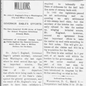 "Millions. Mister John C England's trip to Washington City and what it meant" newspaper clipping