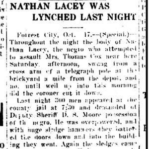 "Nathan Lacey was lynched last night" newspaper clipping