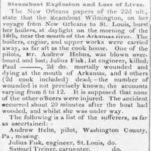 "Steamboat Explosion and Loss of Lives" newspaper clipping