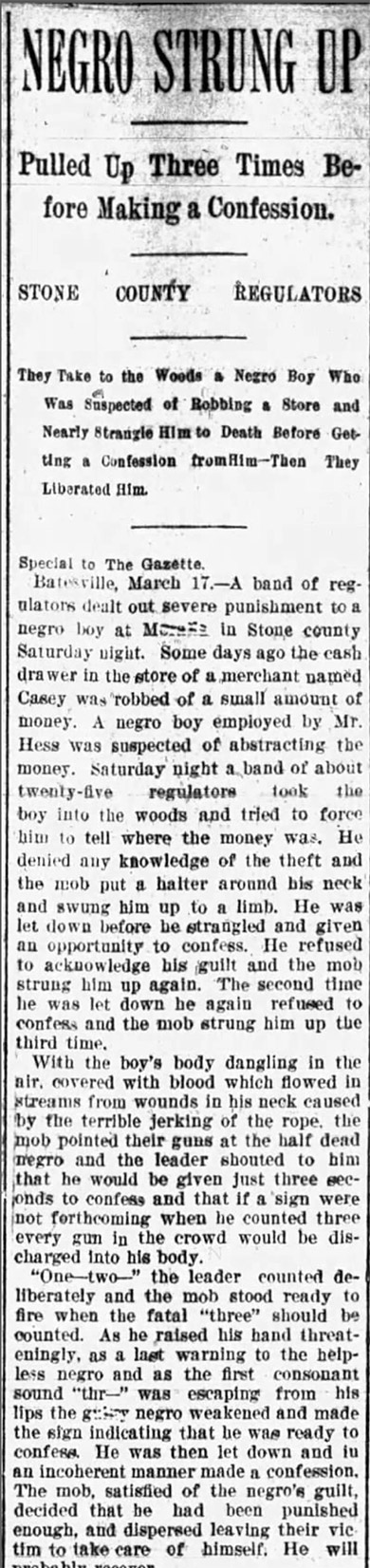 "Negro Strung Up" newspaper clipping