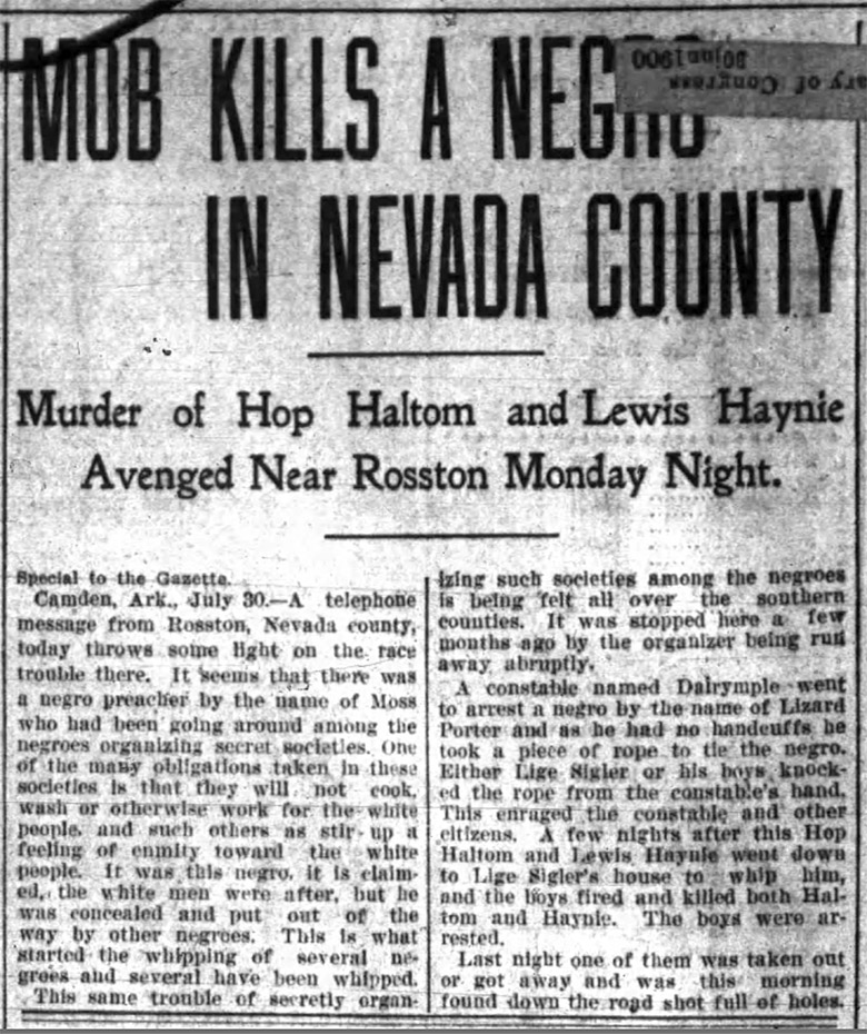"Mob kills a Negro in Nevada County" newspaper clipping