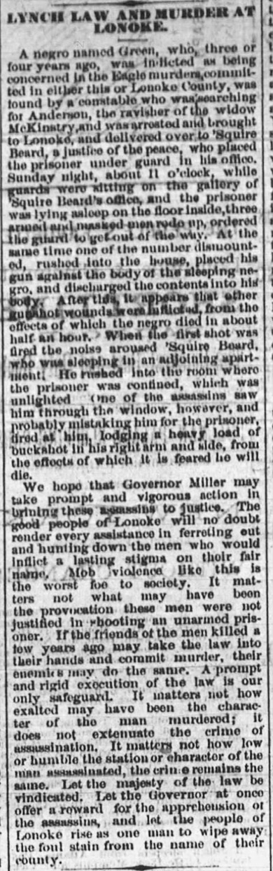 "Lynch Law and Murder at Lonoke" newspaper clipping