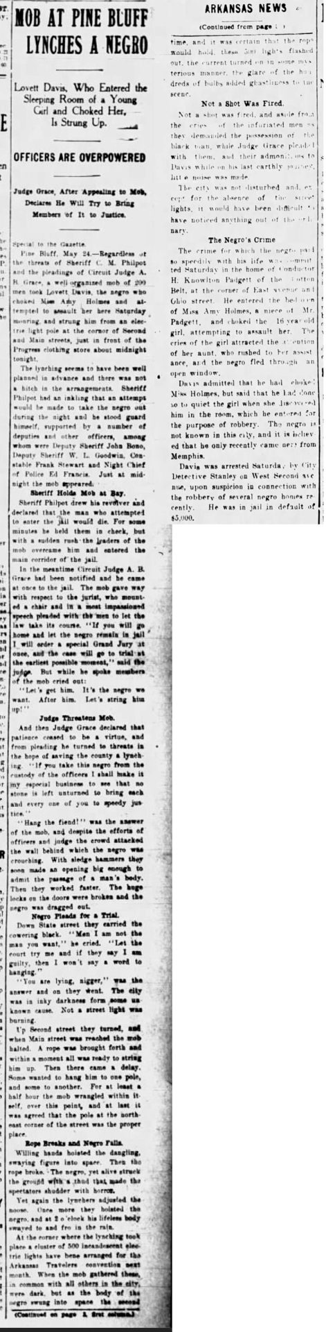 "Mob at Pine Bluff lynches a Negro" newspaper clipping