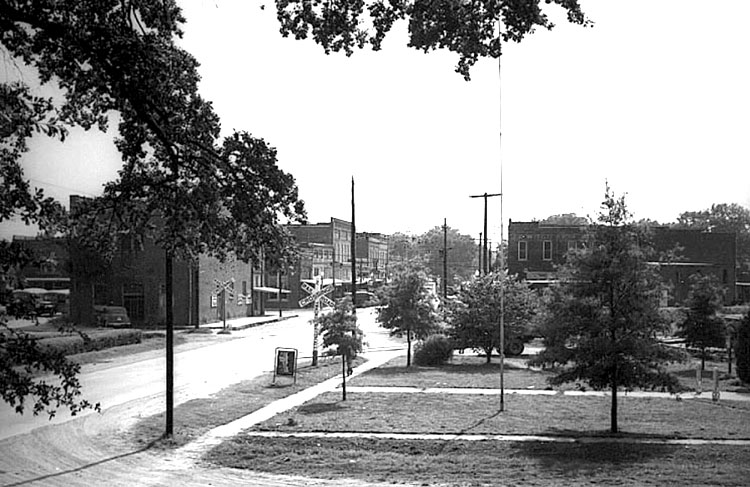 Street with brick buildings and city park with trees