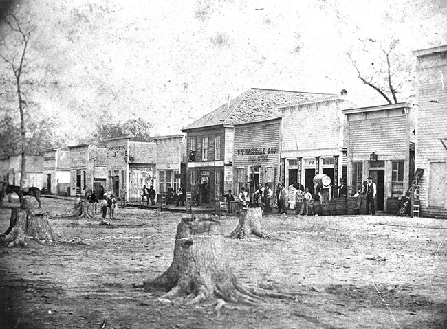 Row of multistory storefronts on dirt road with tree stumps in the foreground