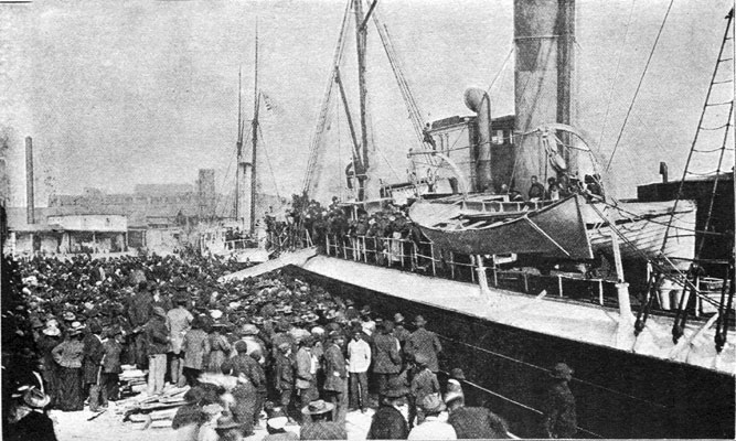 Crowd of people gathered on boat dock with two ships