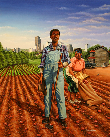 African-American and woman on farm picking tomatoes with multistory house and city buildings in the background