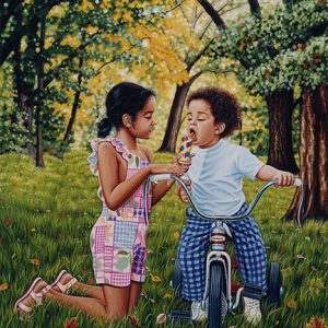 African-American girl kneeling on grass sharing ice cream with African-American boy on tricycle in forested area