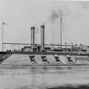 Ironclad gunboat with American flags on river
